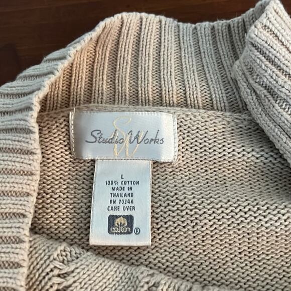 Studio Works Beige Cotton Knit Sweater Woman Size Large Diagonal Zipper - Picture 4 of 7